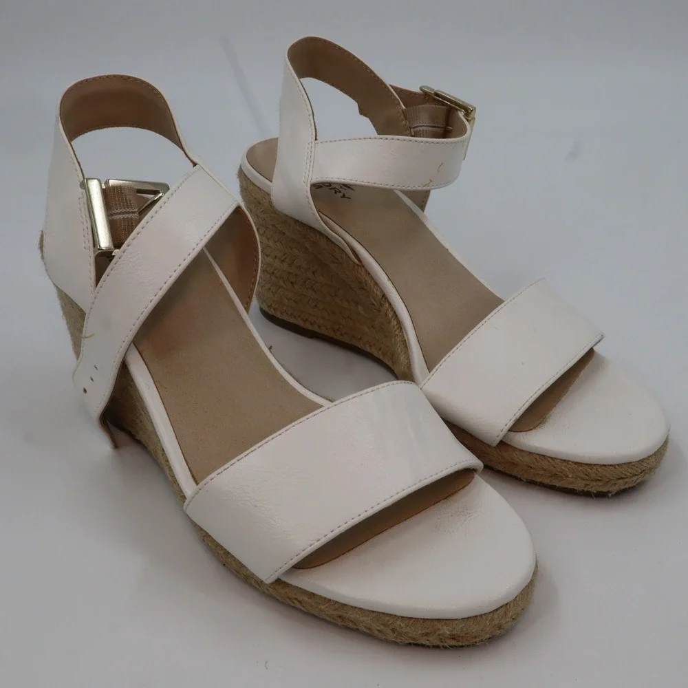 LifeStride Espadrille Wedge Sandals Womens 9.5 White Faux‎ Leather Ankle Strap